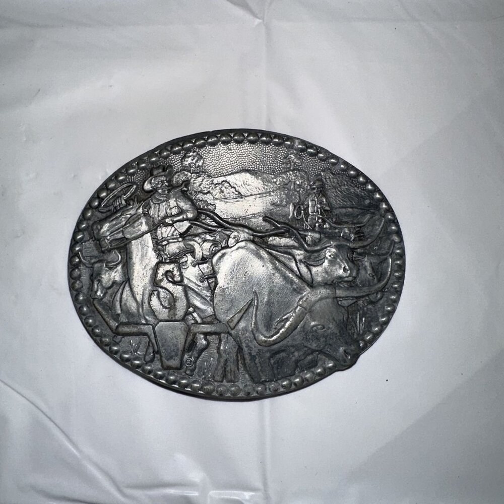 Vintage ZEE Series Western Cowboys & Longhorns Pewter Belt Buckle